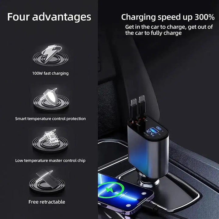 100W 4-in-1 Retractable Car Charger